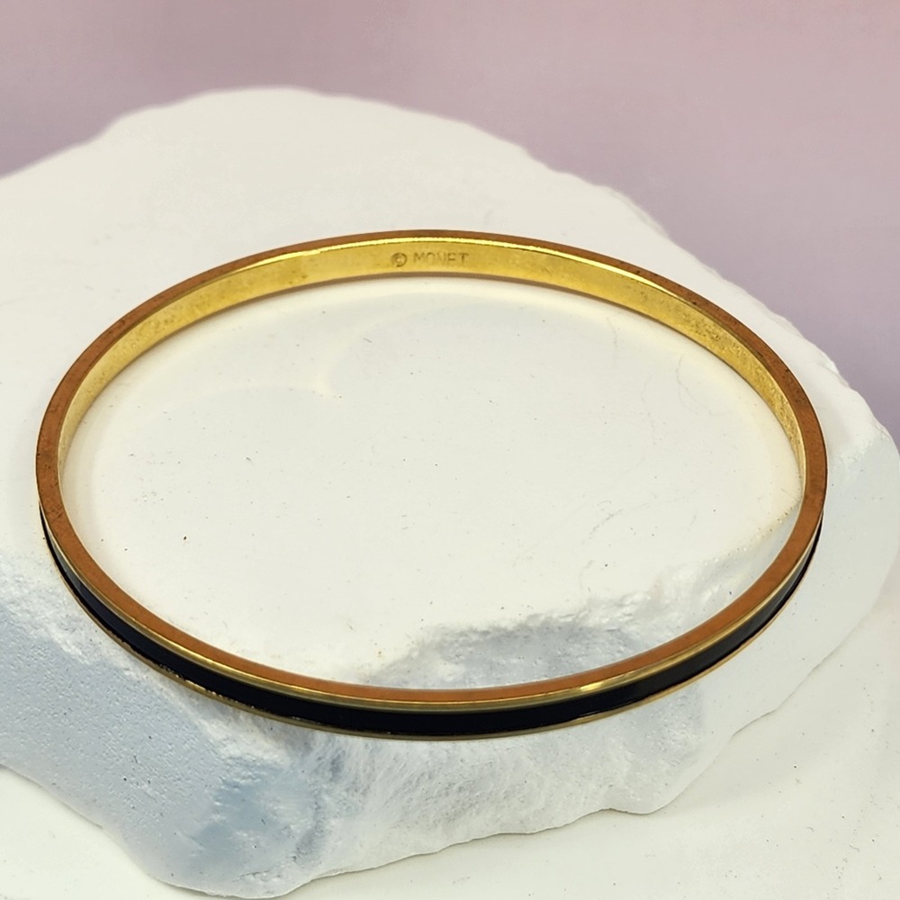 Monet Black Enamel Gold Tone Bangle Bracelet Vintage Minimalist Statement Gift